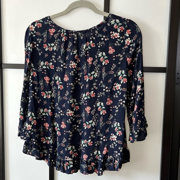 [XS] Gap Navy Blue & Pink Floral Printed 3/4 Sleeve Blouse Women’s Casual - Picture 3 of 7